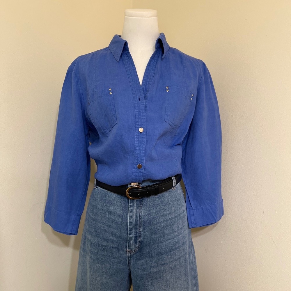 JM Collection Blue 100% Linen Button Down Shirt Studded Pockets Size 12 Womens